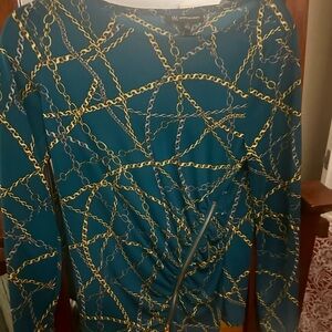 Teal Chain Print Long Sleeve Top with Zipper
